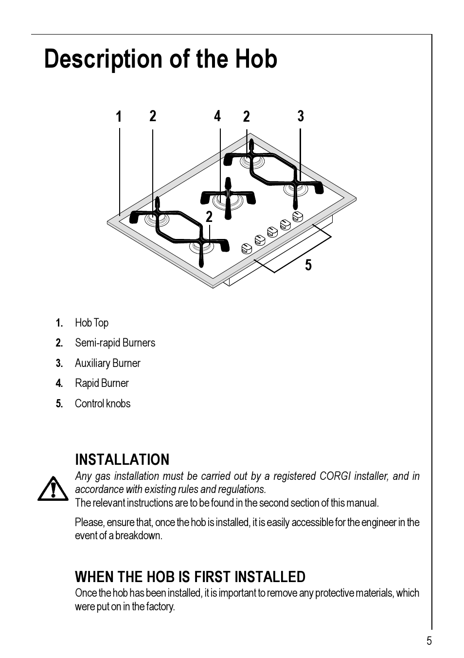 Description of the hob | Electrolux 95752 G User Manual | Page 5 / 24