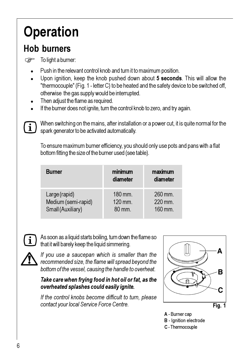 Operation, Hob burners | Electrolux 95752 G User Manual | Page 6 / 24