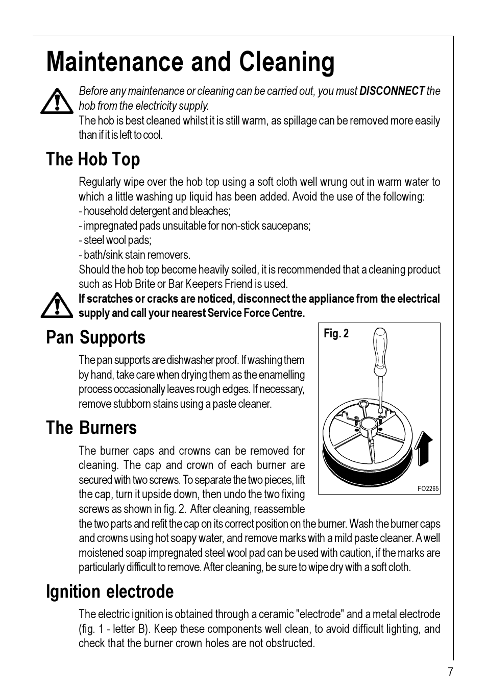 Maintenance and cleaning, The hob top, Pan supports | The burners, Ignition electrode | Electrolux 95752 G User Manual | Page 7 / 24