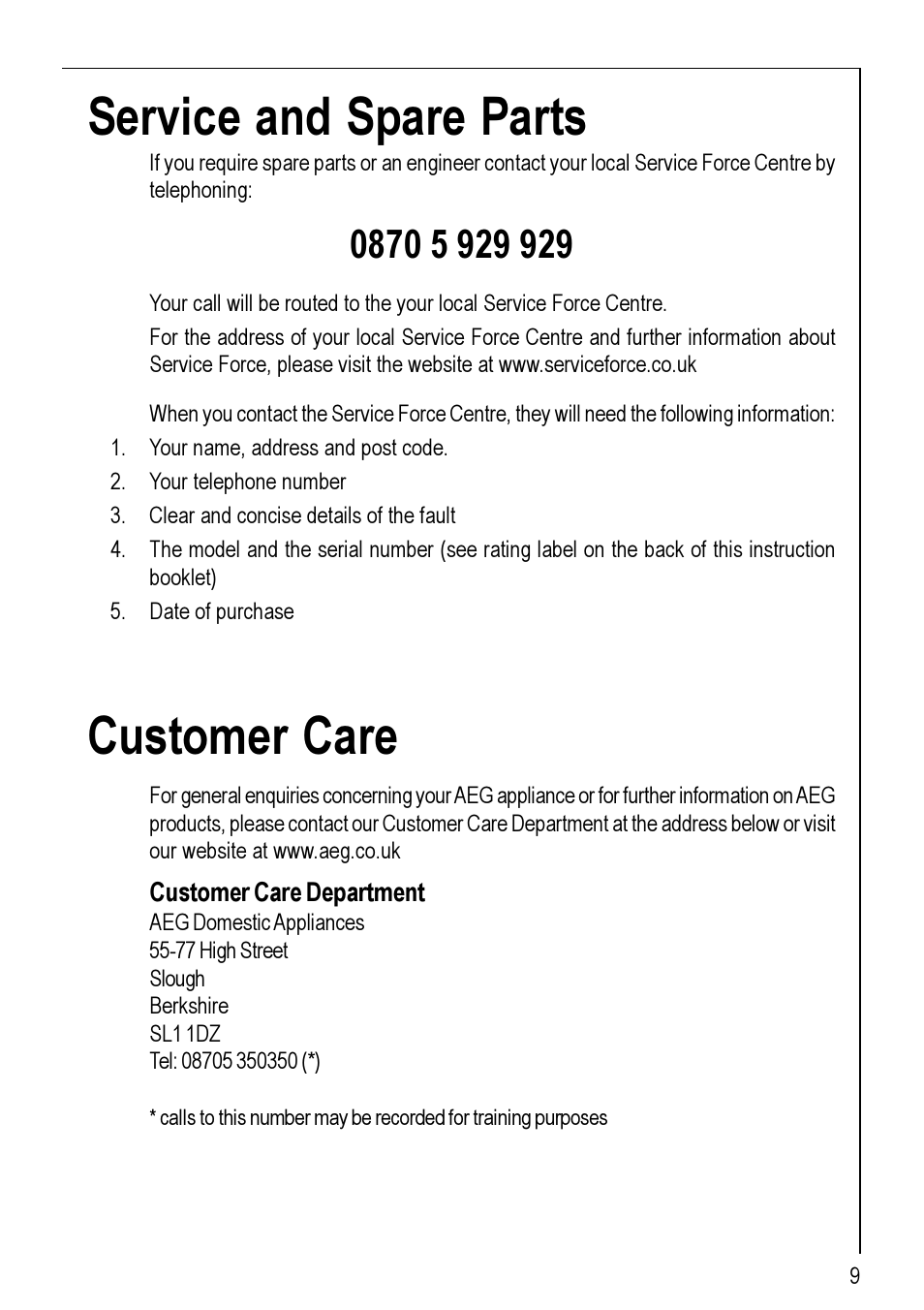 Service and spare parts, Customer care | Electrolux 95752 G User Manual | Page 9 / 24