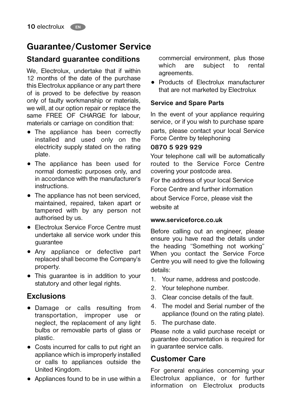 Guarantee/customer service, Standard guarantee conditions, Exclusions | Customer care | Electrolux ECN 30104 W User Manual | Page 10 / 16