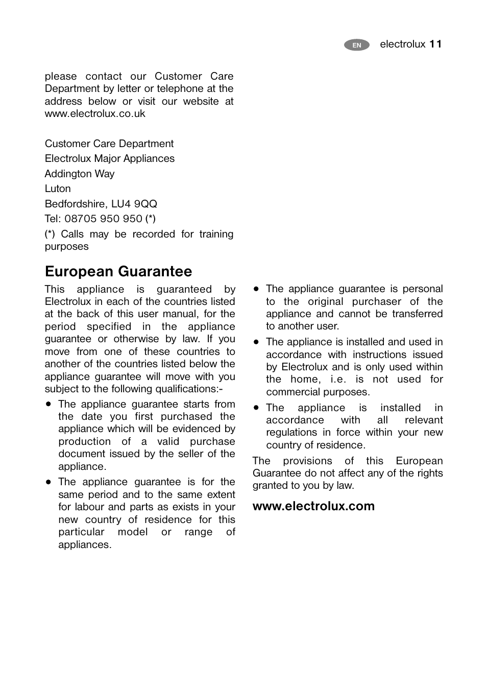 European guarantee | Electrolux ECN 30104 W User Manual | Page 11 / 16