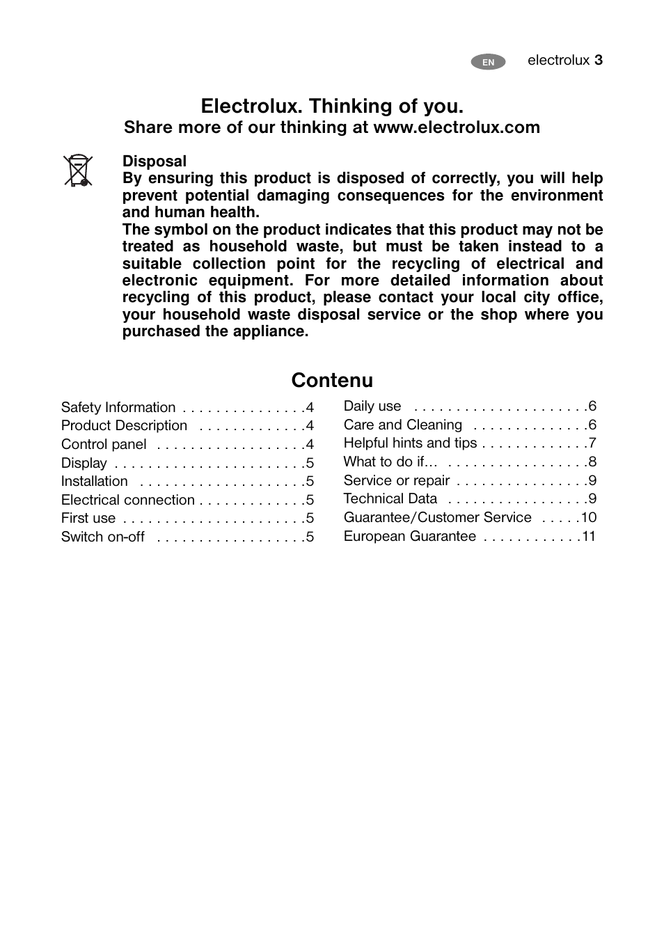 Contenu, Electrolux. thinking of you | Electrolux ECN 30104 W User Manual | Page 3 / 16