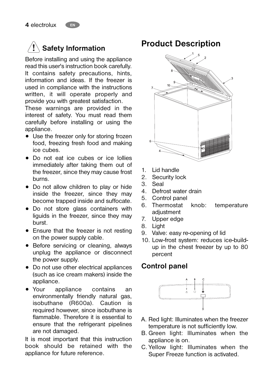 Product description, Safety information, Control panel | Electrolux ECN 30104 W User Manual | Page 4 / 16