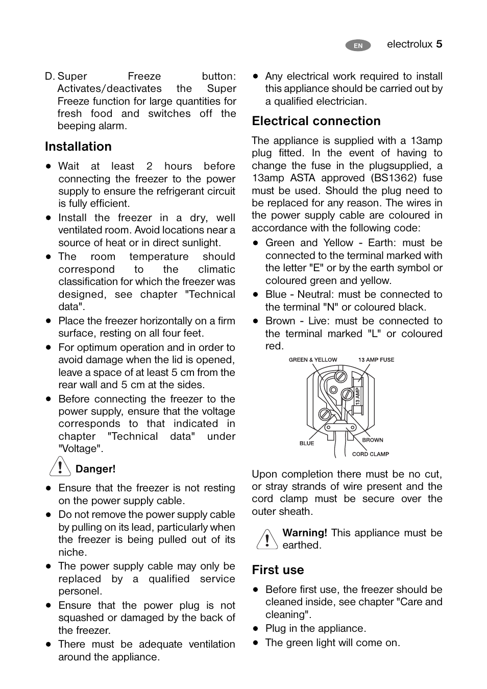 Installation, Electrical connection, First use | Electrolux ECN 30104 W User Manual | Page 5 / 16