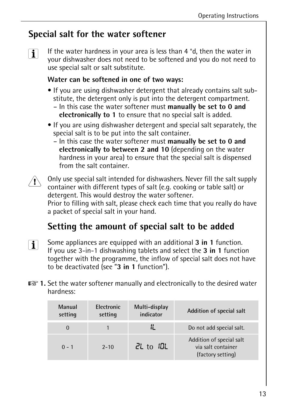 Special salt for the water softener, Setting the amount of special salt to be added | Electrolux 86070 VI User Manual | Page 13 / 52