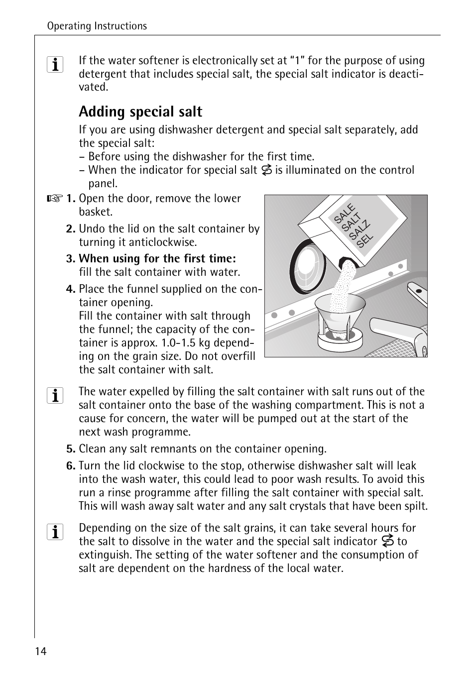 Adding special salt | Electrolux 86070 VI User Manual | Page 14 / 52