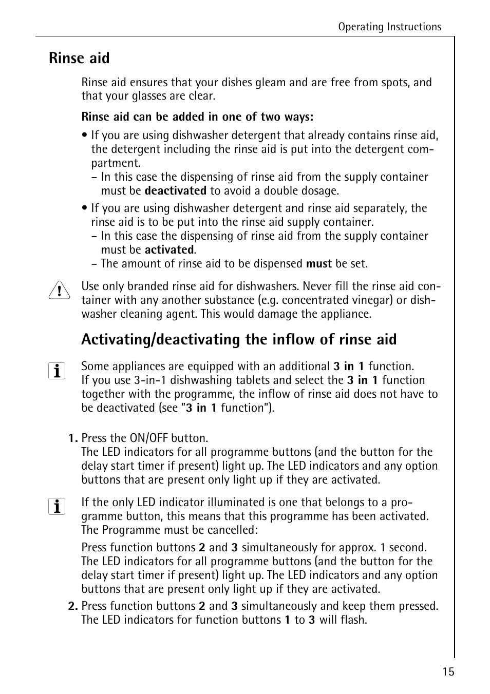 Rinse aid, Activating/deactivating the inflow of rinse aid | Electrolux 86070 VI User Manual | Page 15 / 52