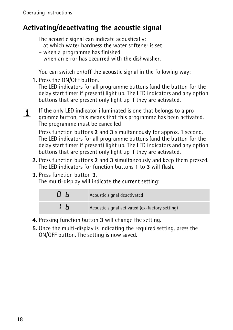 Activating/deactivating the acoustic signal | Electrolux 86070 VI User Manual | Page 18 / 52