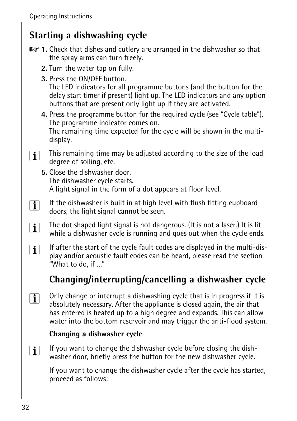 Starting a dishwashing cycle | Electrolux 86070 VI User Manual | Page 32 / 52