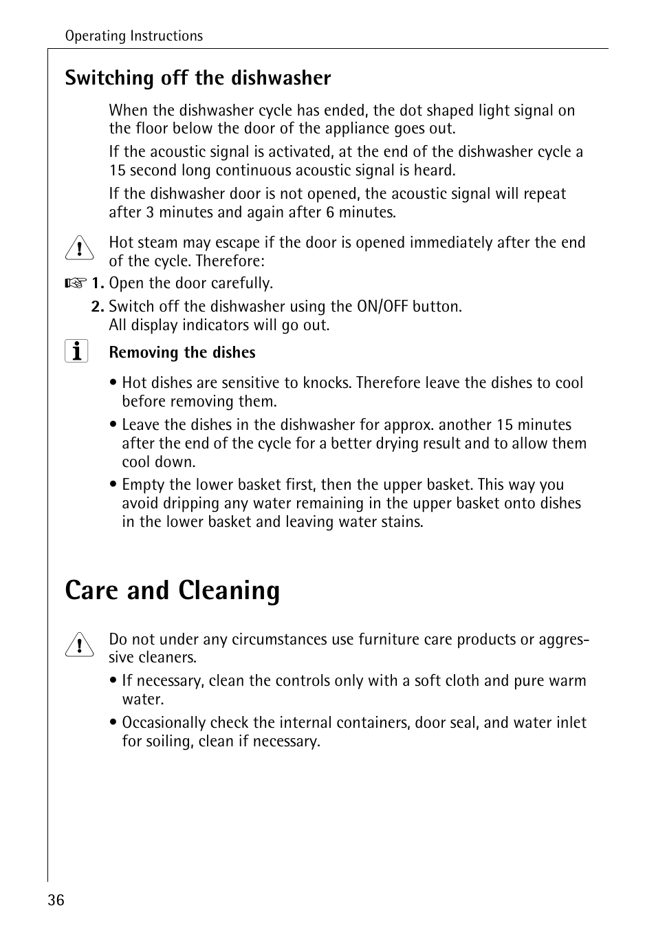 Care and cleaning, Switching off the dishwasher | Electrolux 86070 VI User Manual | Page 36 / 52