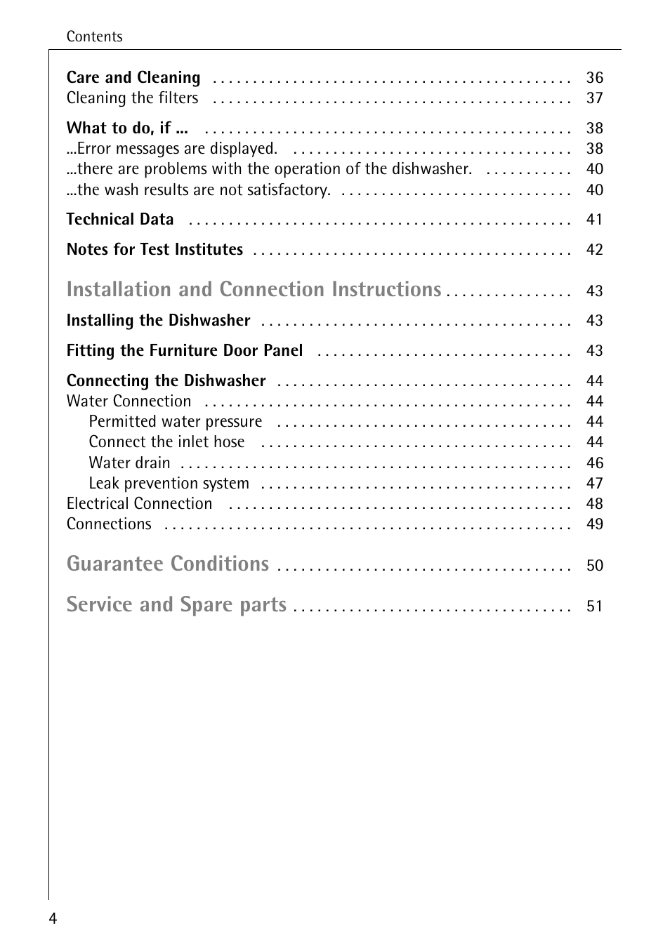 Installation and connection instructions, Guarantee conditions, Service and spare parts | Electrolux 86070 VI User Manual | Page 4 / 52