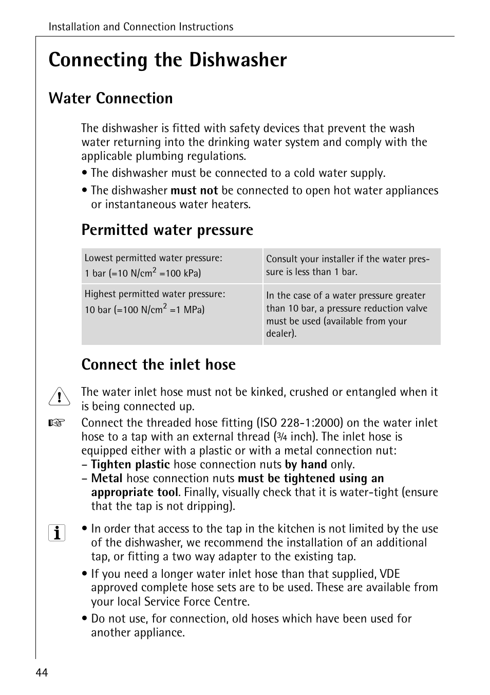 Connecting the dishwasher, Water connection, Permitted water pressure connect the inlet hose | Electrolux 86070 VI User Manual | Page 44 / 52