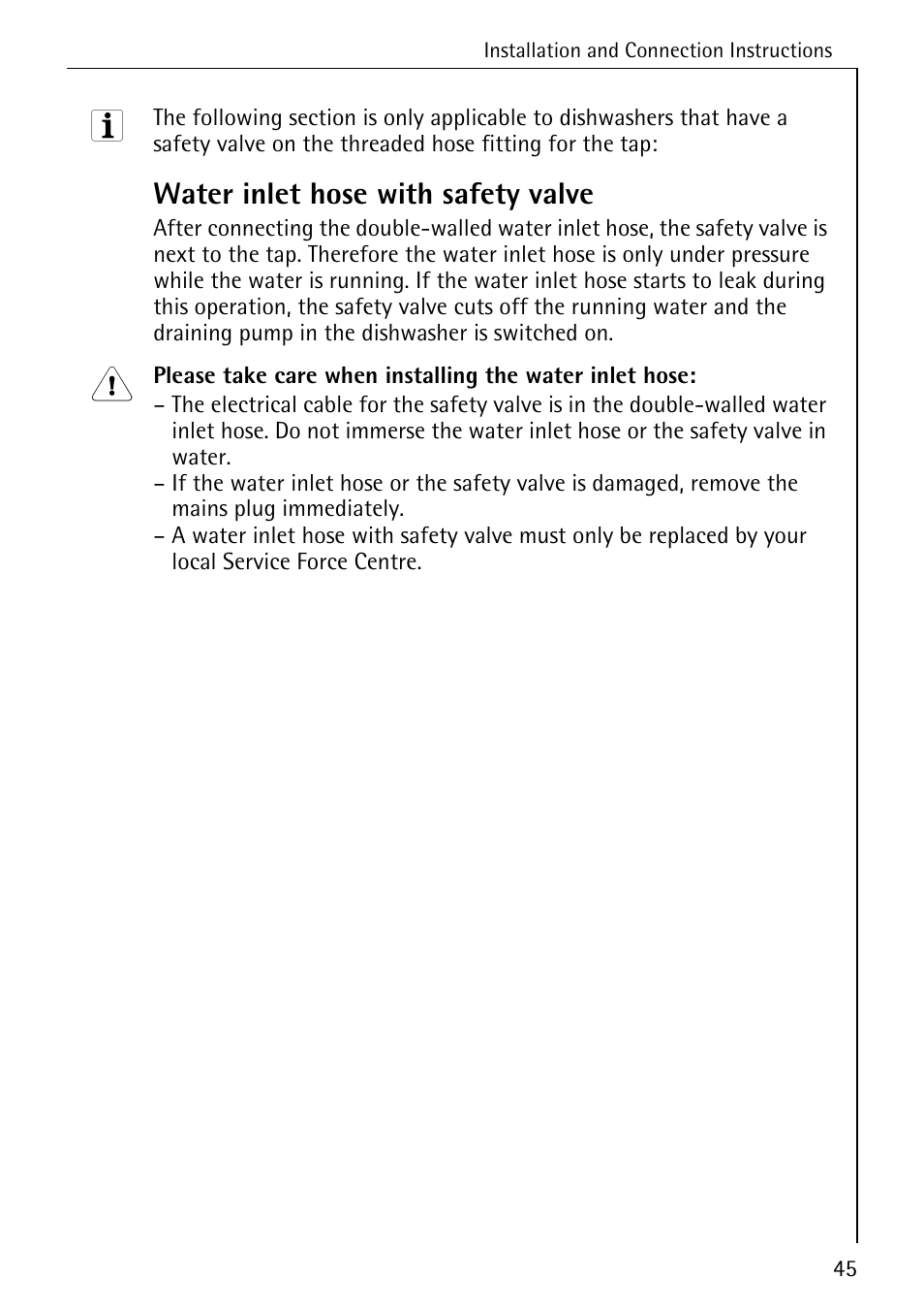 Water inlet hose with safety valve | Electrolux 86070 VI User Manual | Page 45 / 52