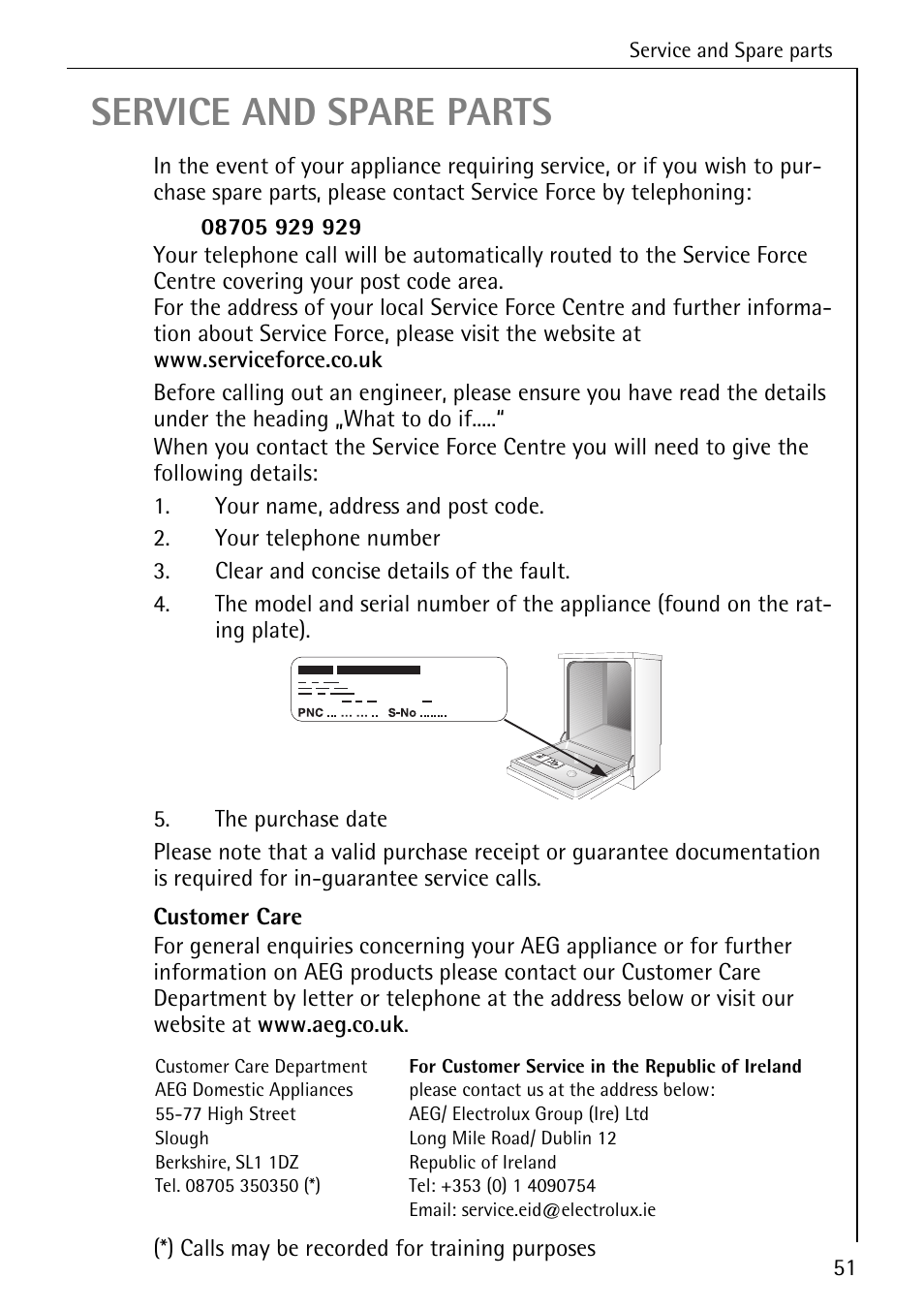 Service and spare parts | Electrolux 86070 VI User Manual | Page 51 / 52