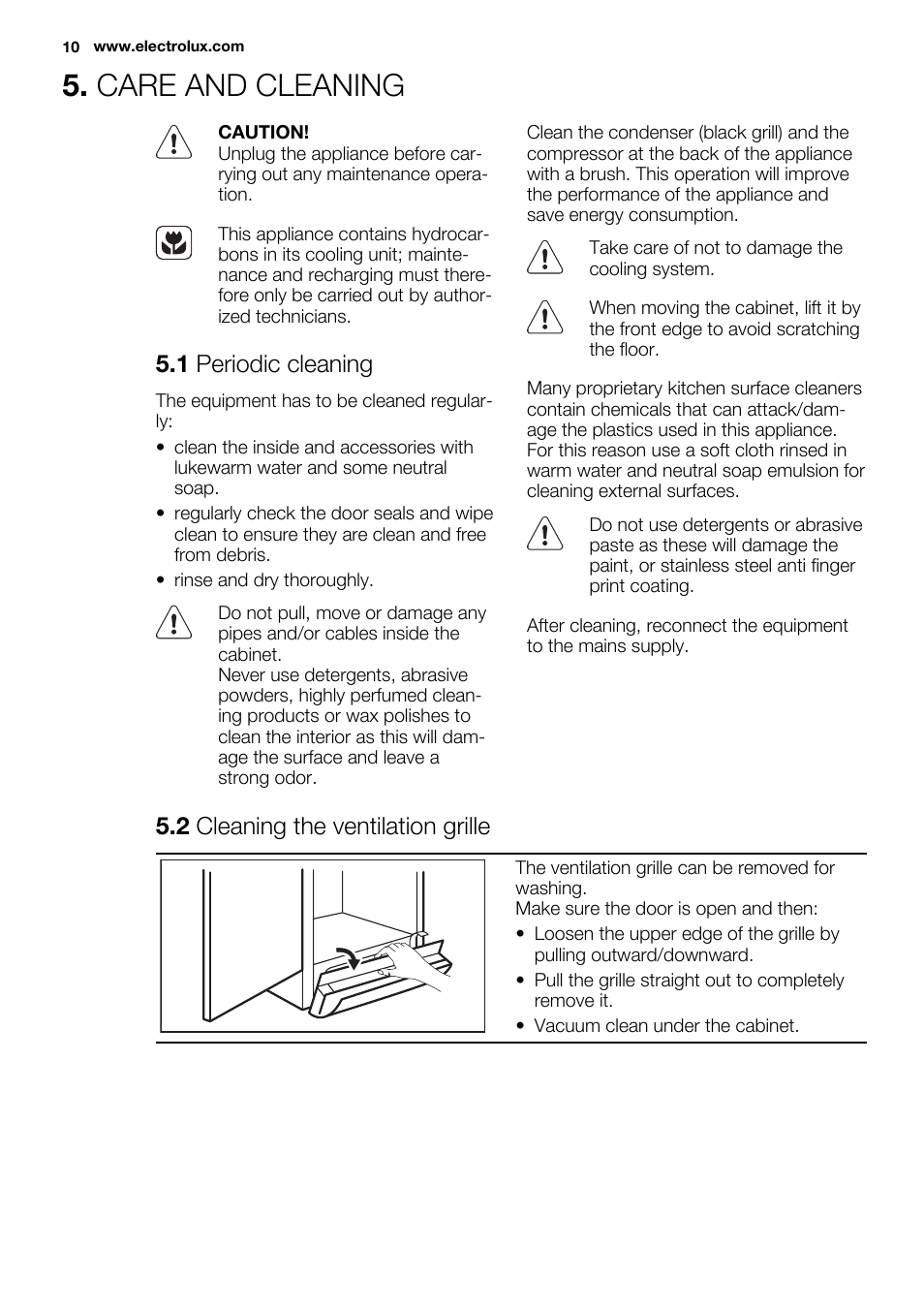 Care and cleaning, 1 periodic cleaning, 2 cleaning the ventilation grille | Electrolux EN3700AHW User Manual | Page 10 / 20