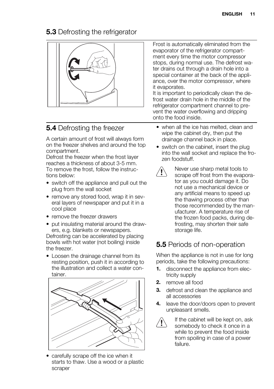 3 defrosting the refrigerator, 4 defrosting the freezer, 5 periods of non-operation | Electrolux EN3700AHW User Manual | Page 11 / 20