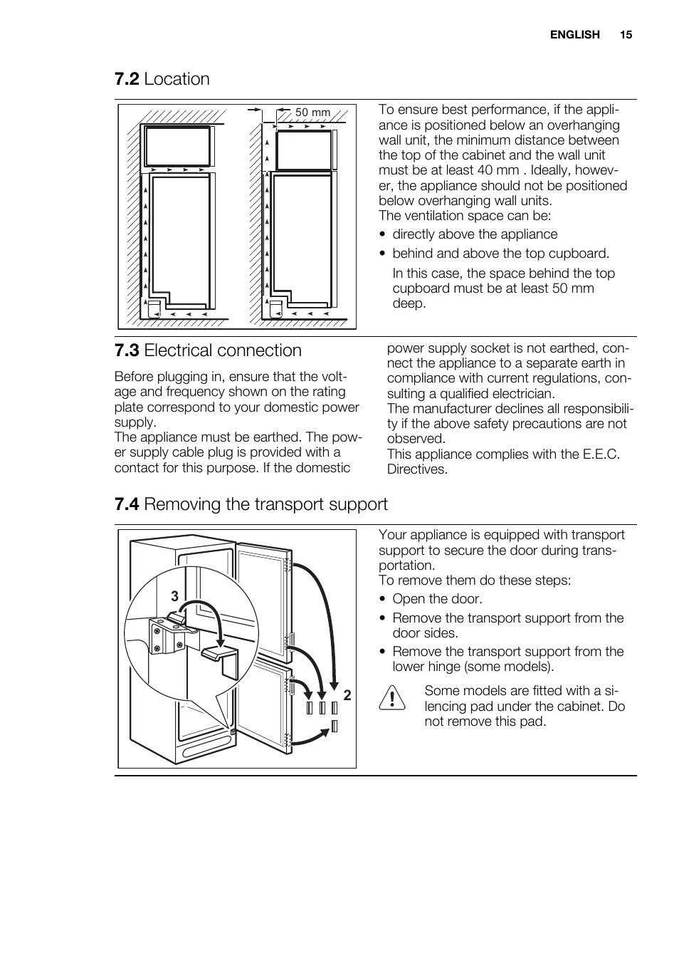 2 location, 3 electrical connection, 4 removing the transport support | Electrolux EN3700AHW User Manual | Page 15 / 20