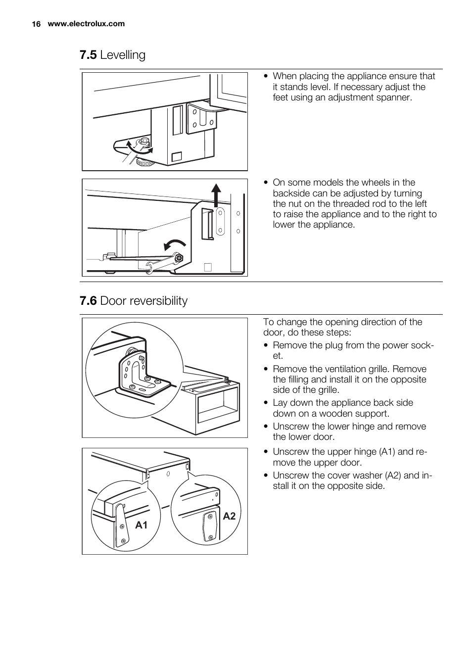 5 levelling, 6 door reversibility | Electrolux EN3700AHW User Manual | Page 16 / 20