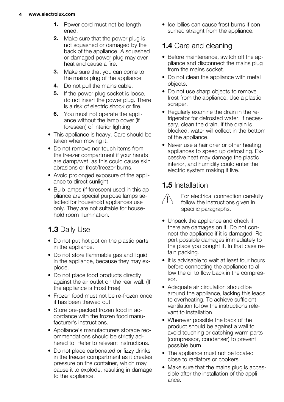 3 daily use, 4 care and cleaning, 5 installation | Electrolux EN3700AHW User Manual | Page 4 / 20