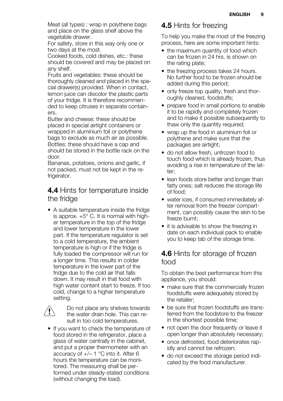 4 hints for temperature inside the fridge, 5 hints for freezing, 6 hints for storage of frozen food | Electrolux EN3700AHW User Manual | Page 9 / 20