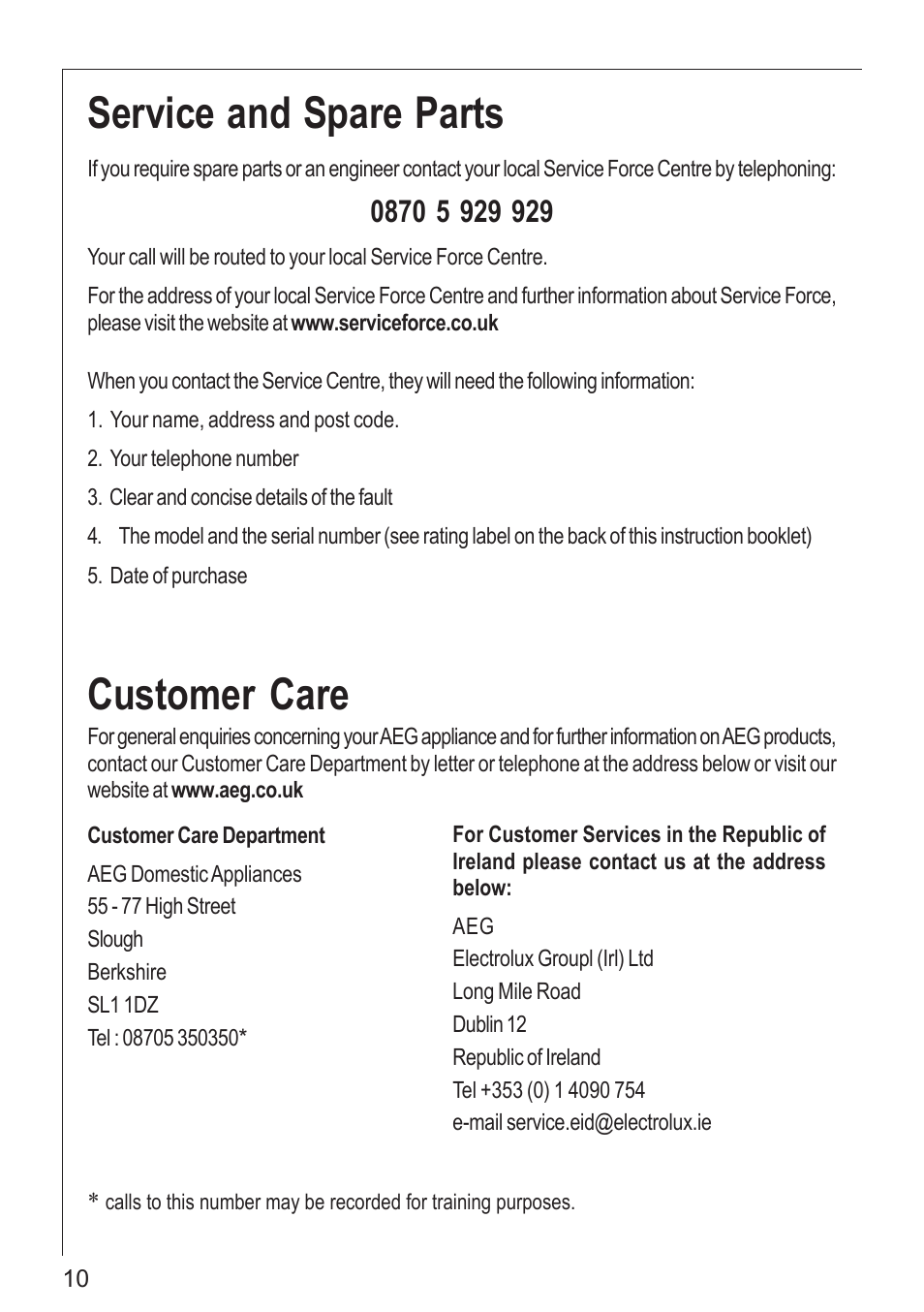 Service and spare parts, Customer care | Electrolux 61502 G User Manual | Page 10 / 28