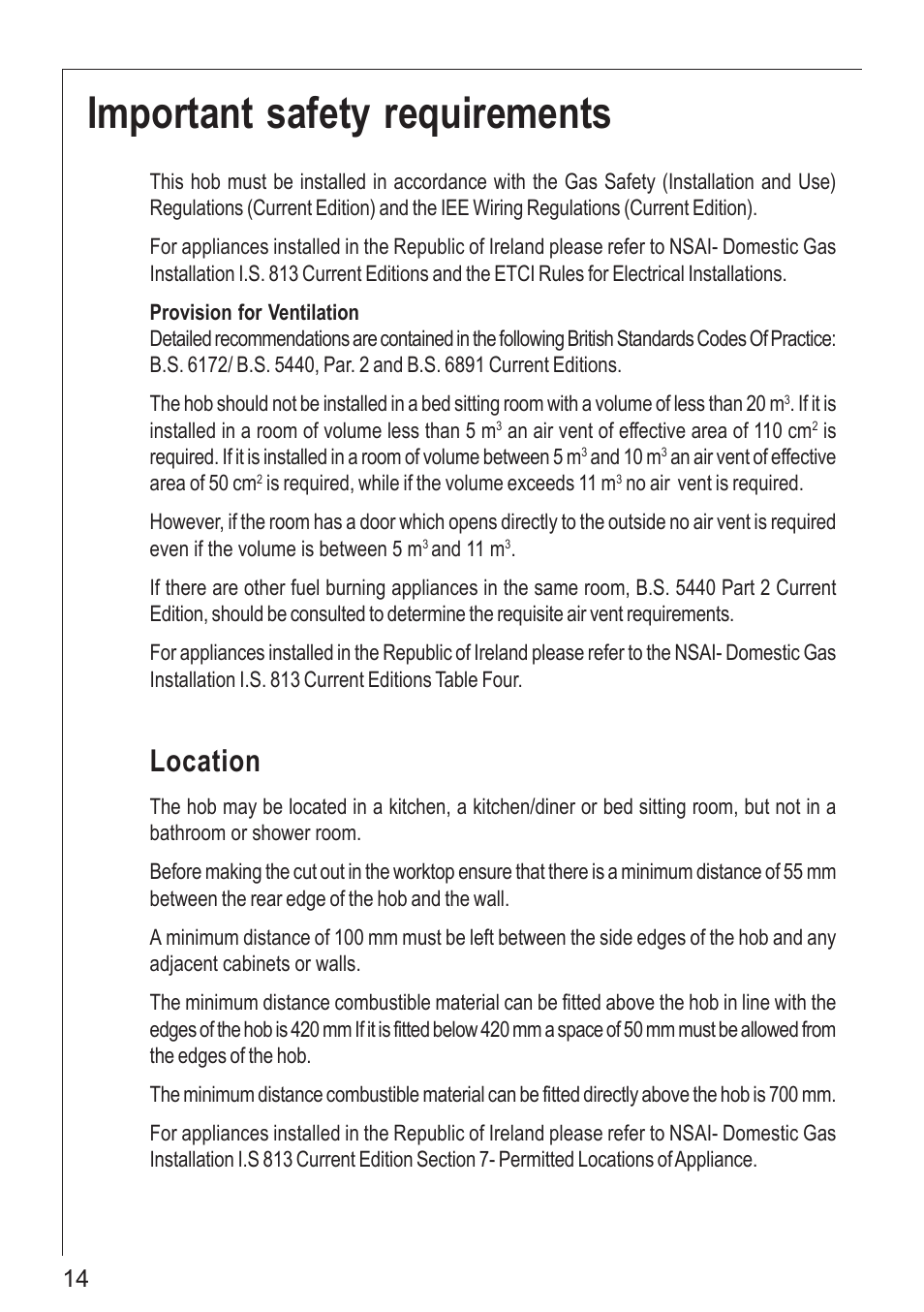 Important safety requirements, Location | Electrolux 61502 G User Manual | Page 14 / 28