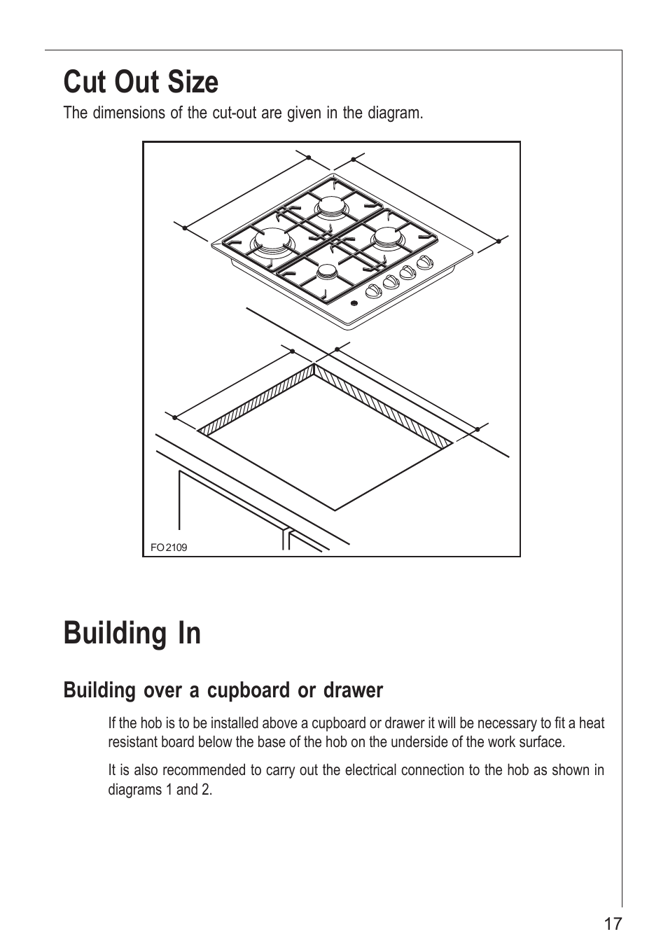 Cut out size, Building in, Building over a cupboard or drawer | Electrolux 61502 G User Manual | Page 17 / 28