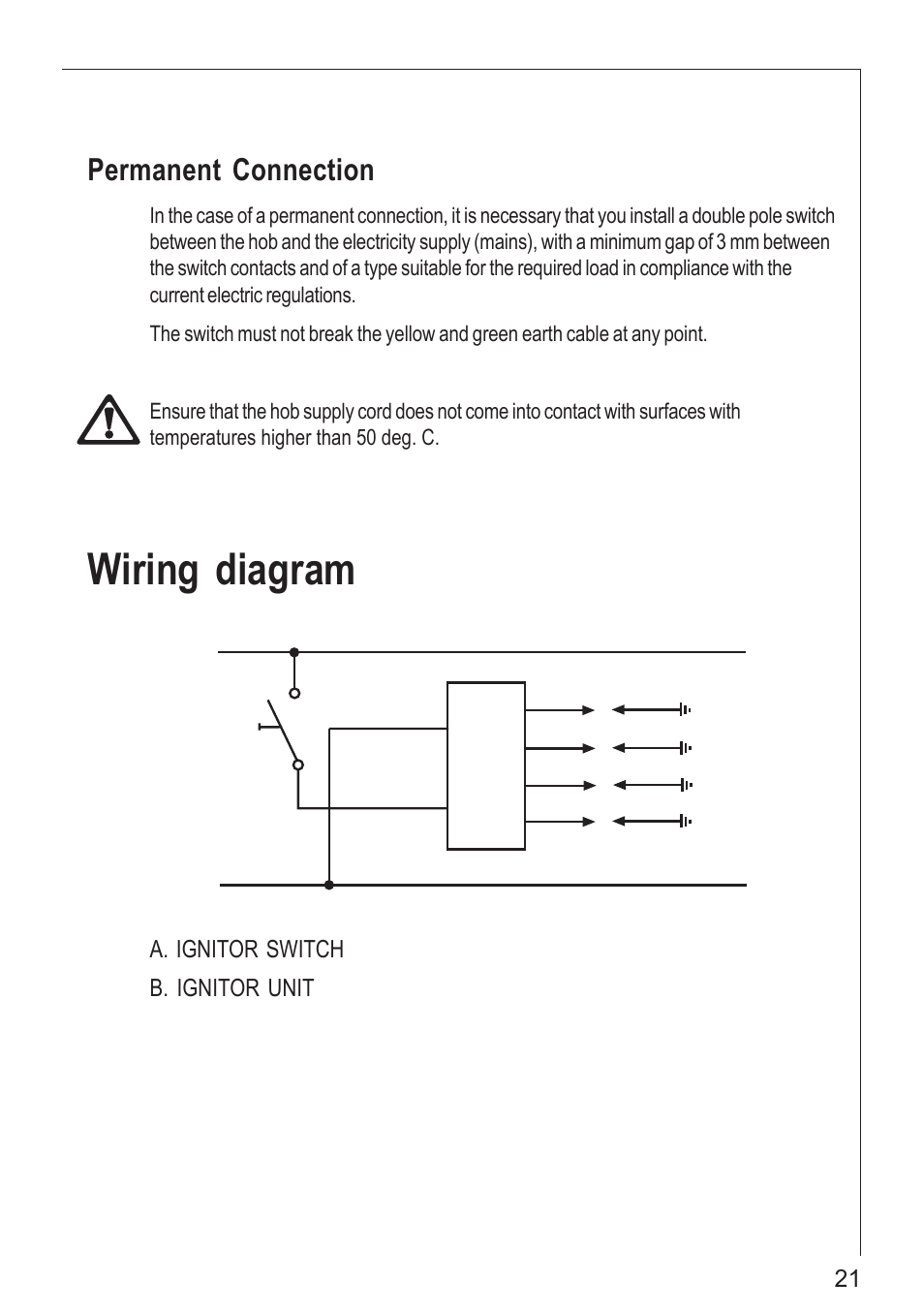 Wiring diagram, Permanent connection, A. ignitor switch b. ignitor unit | Electrolux 61502 G User Manual | Page 21 / 28