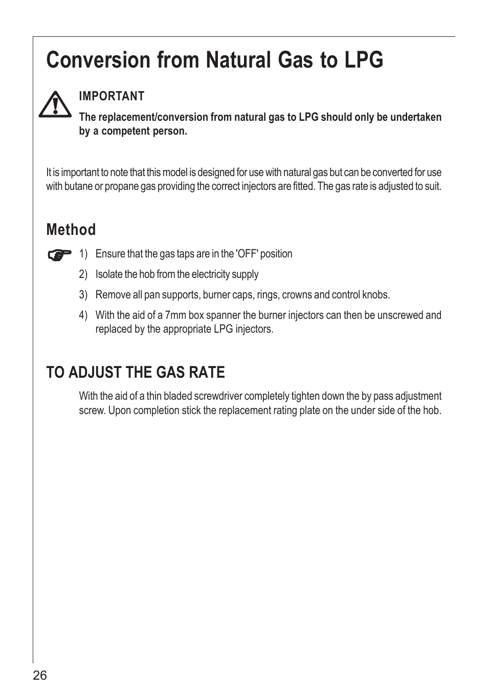Conversion from natural gas to lpg, Method | Electrolux 61502 G User Manual | Page 26 / 28