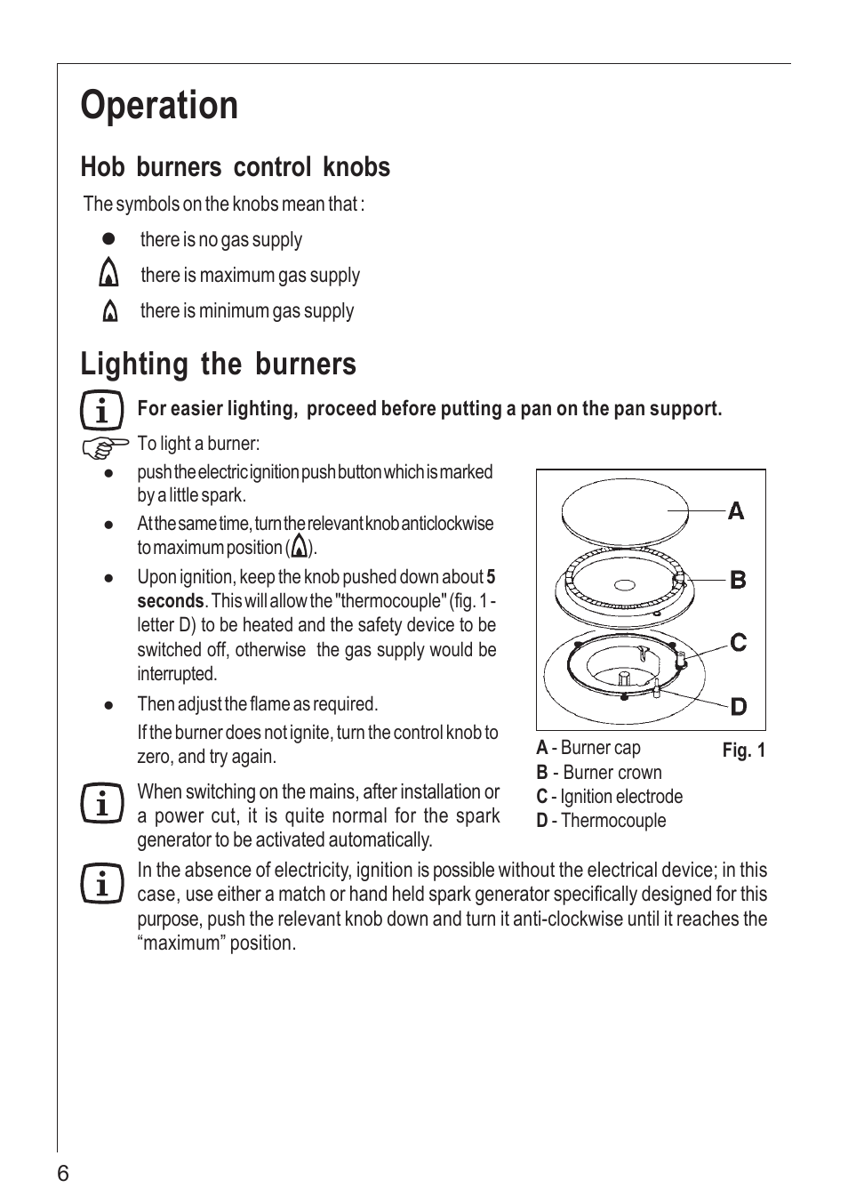 Operation, Lighting the burners, Hob burners control knobs | Electrolux 61502 G User Manual | Page 6 / 28