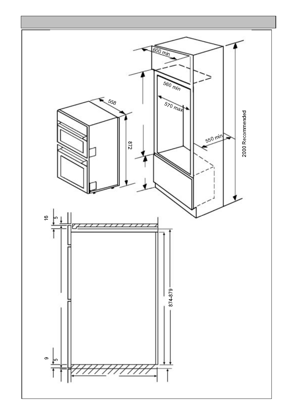 Recommended cabinet dimensions (in millimetres) | Electrolux 985 User Manual | Page 8 / 36