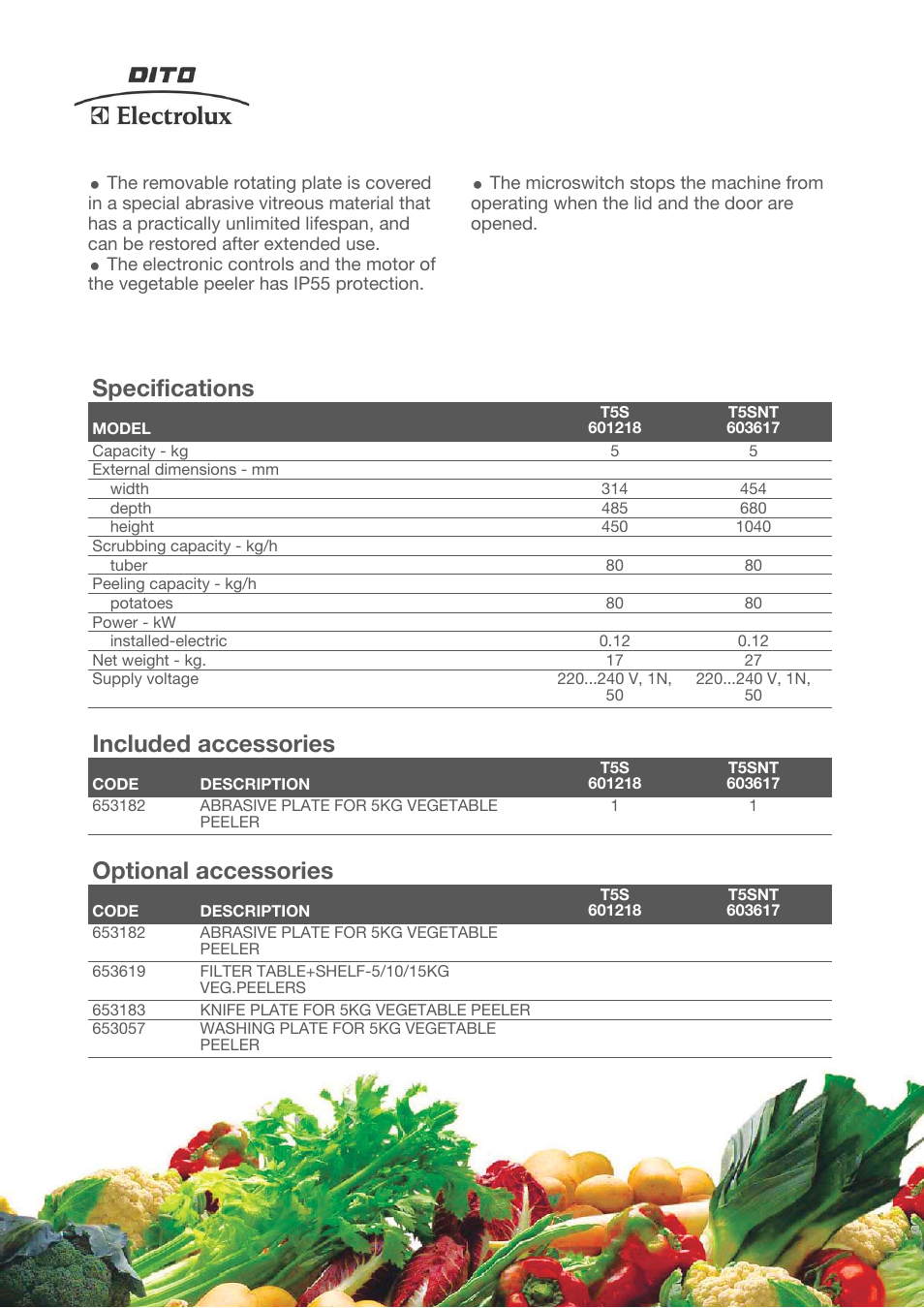 Specifications, Included accessories, Optional accessories | Electrolux Dito 601218 User Manual | Page 2 / 3