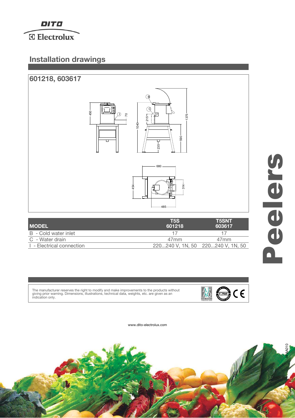 Peelers, Installation drawings | Electrolux Dito 601218 User Manual | Page 3 / 3