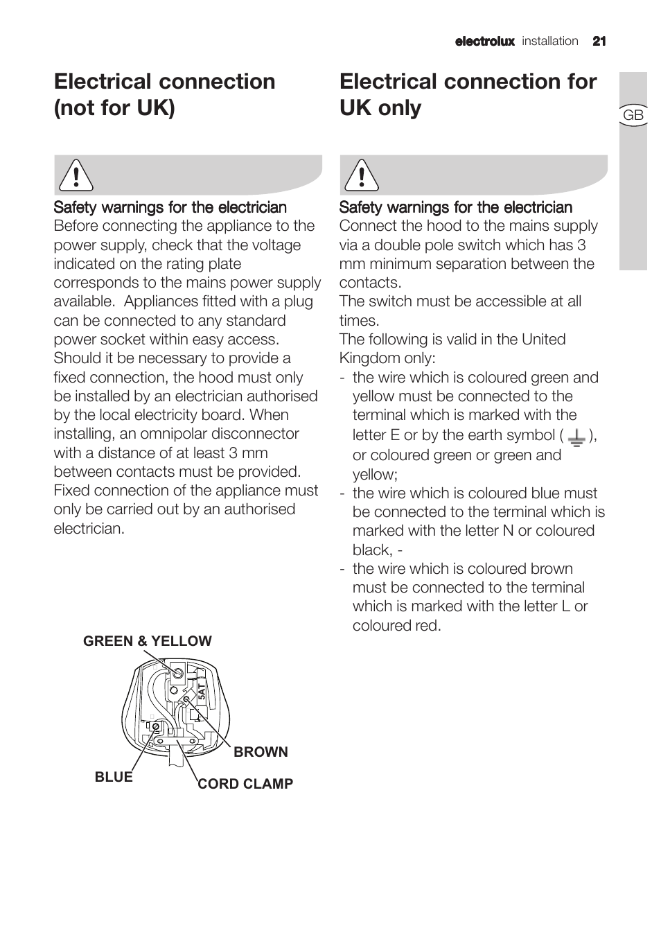 Electrical connection (not for uk), Electrical connection for uk only | Electrolux U31180 EFC 9670-6670 User Manual | Page 21 / 80
