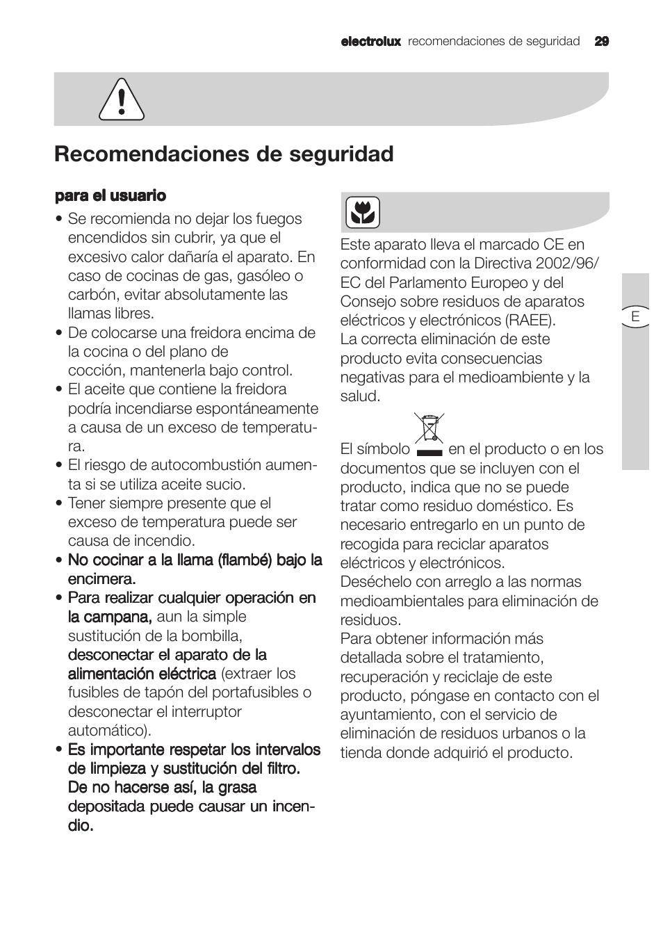Recomendaciones de seguridad | Electrolux U31180 EFC 9670-6670 User Manual | Page 29 / 80