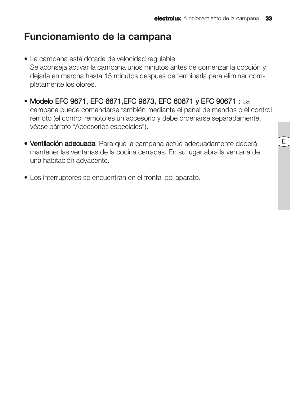 Funcionamiento de la campana | Electrolux U31180 EFC 9670-6670 User Manual | Page 33 / 80