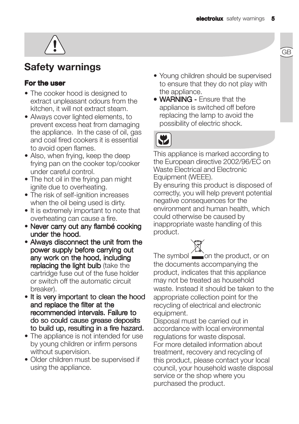 Safety warnings | Electrolux U31180 EFC 9670-6670 User Manual | Page 5 / 80