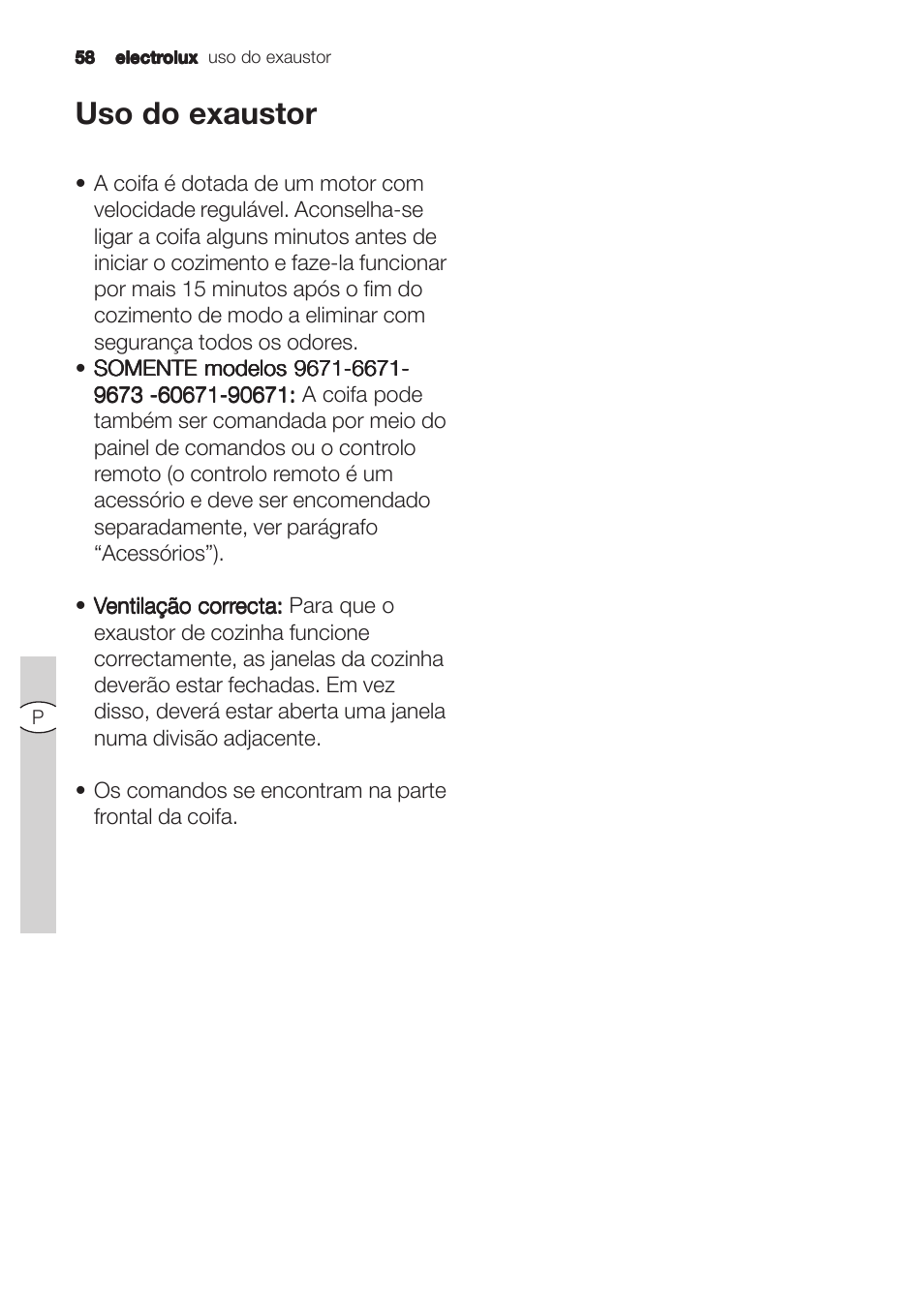 Uso do exaustor | Electrolux U31180 EFC 9670-6670 User Manual | Page 58 / 80