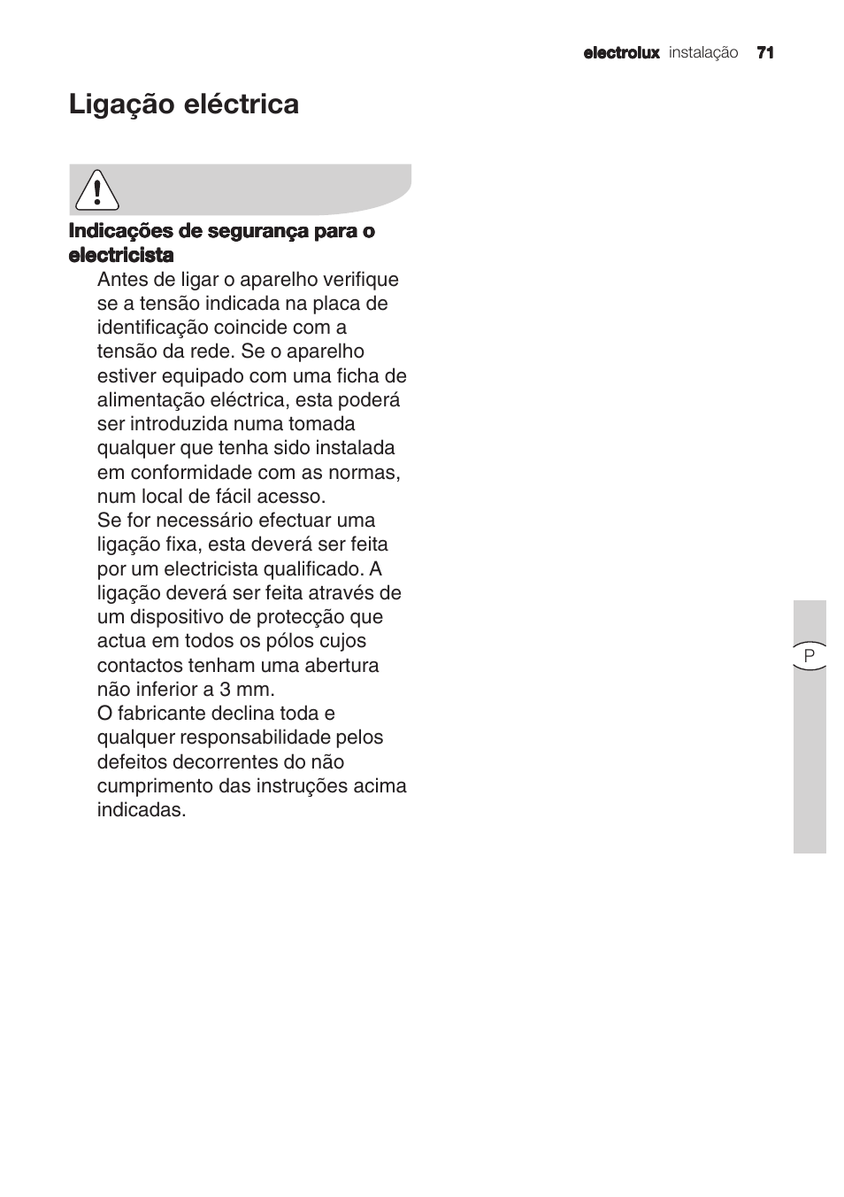 Ligação eléctrica | Electrolux U31180 EFC 9670-6670 User Manual | Page 71 / 80
