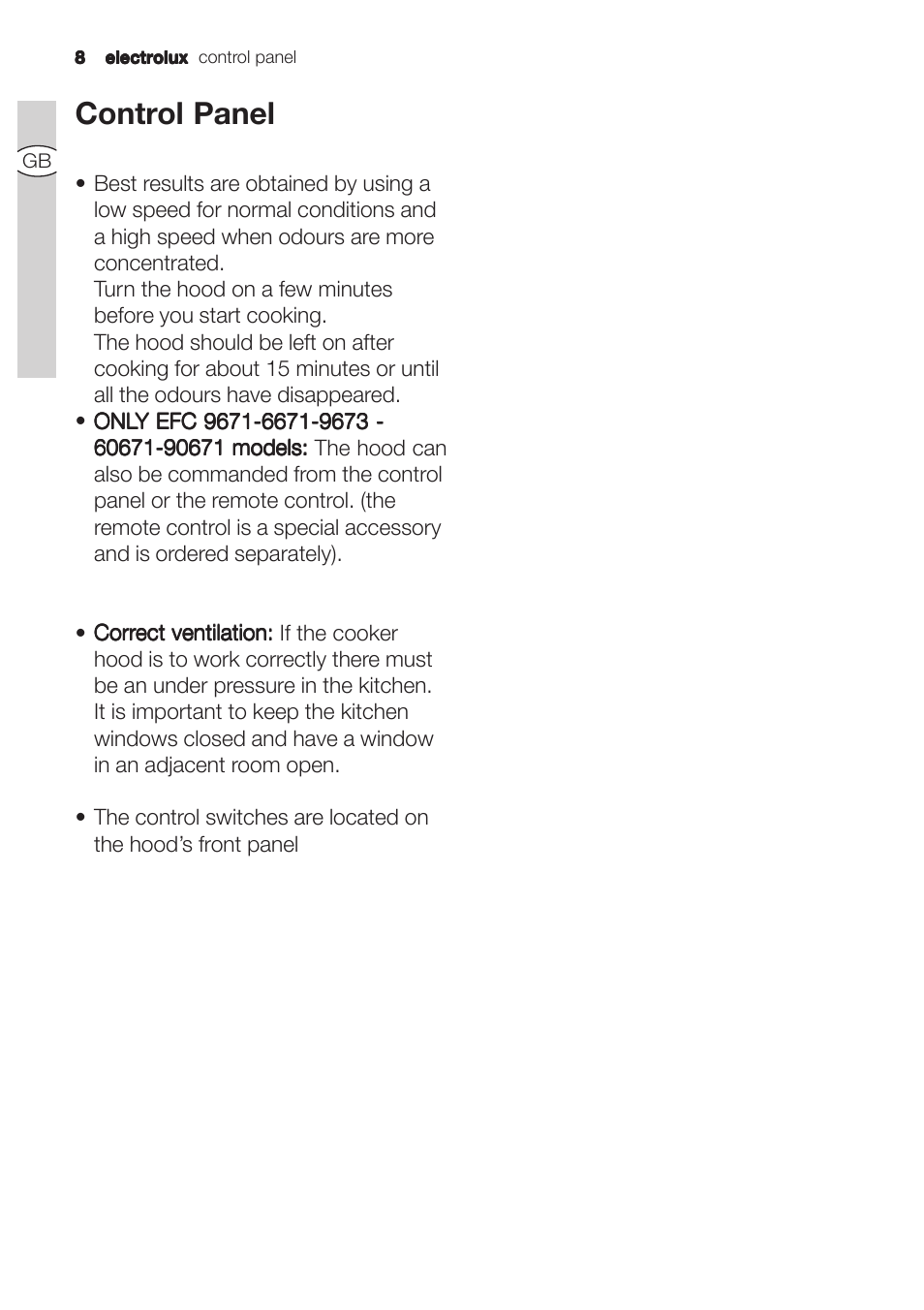 Control panel | Electrolux U31180 EFC 9670-6670 User Manual | Page 8 / 80
