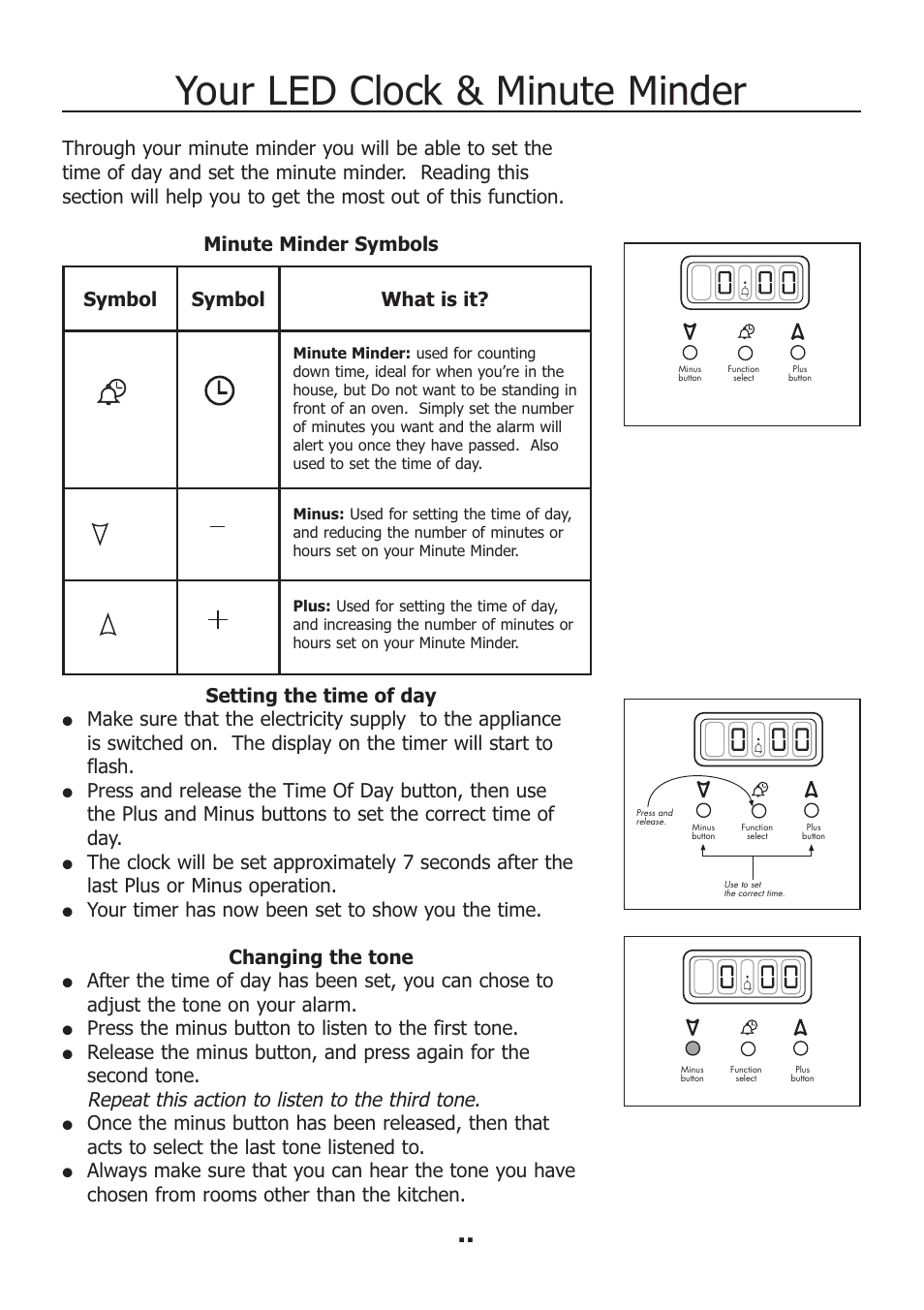 Your led clock & minute minder, Press the minus button to listen to the first tone, Symbol | Symbol what is it | Electrolux EKM11340KN User Manual | Page 16 / 36