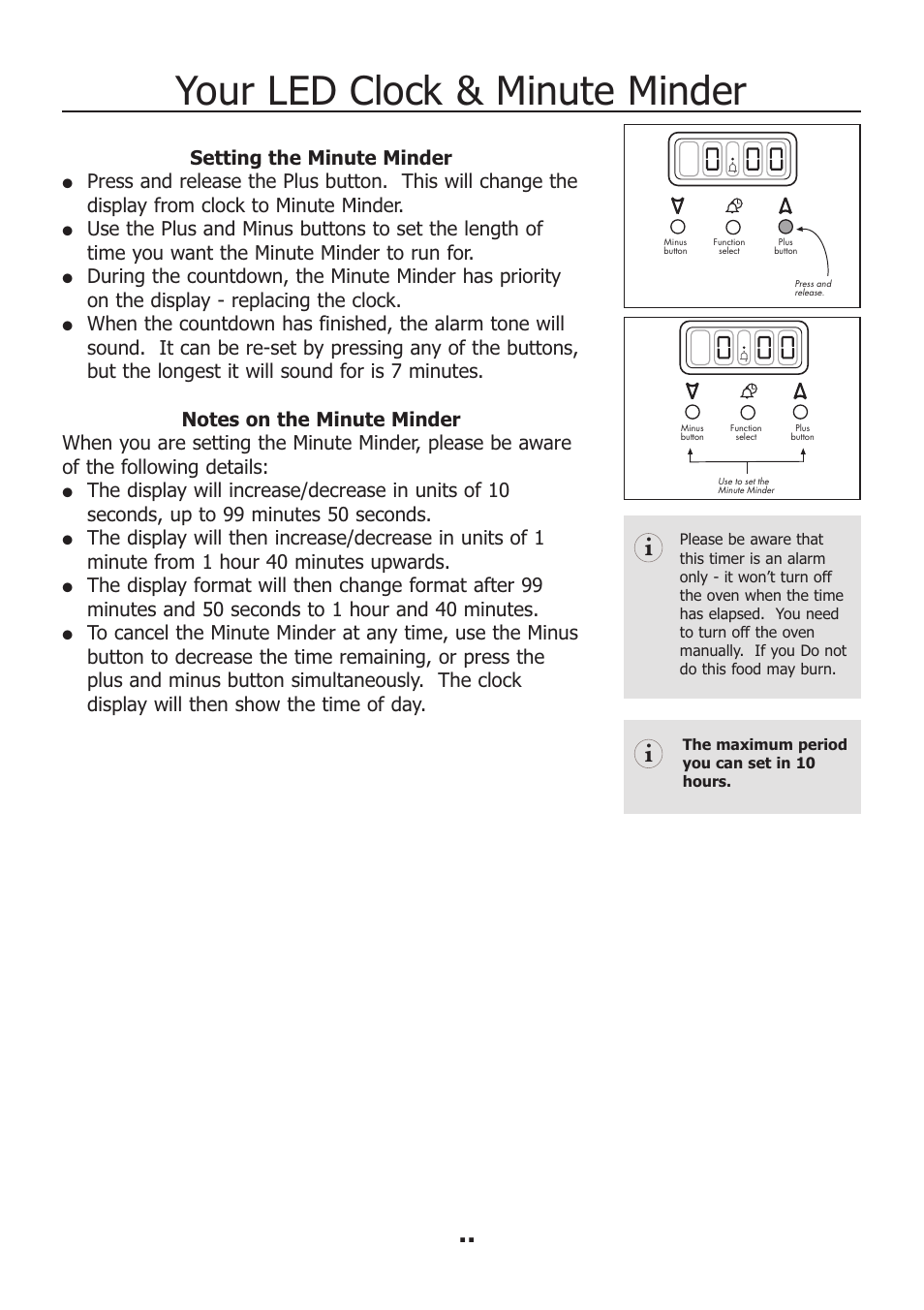 Your led clock & minute minder, Setting the minute minder | Electrolux EKM11340KN User Manual | Page 17 / 36