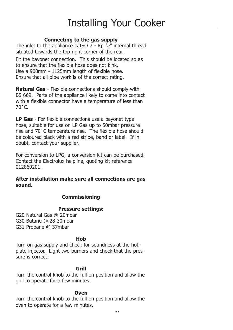 Installing your cooker | Electrolux EKM11340KN User Manual | Page 28 / 36