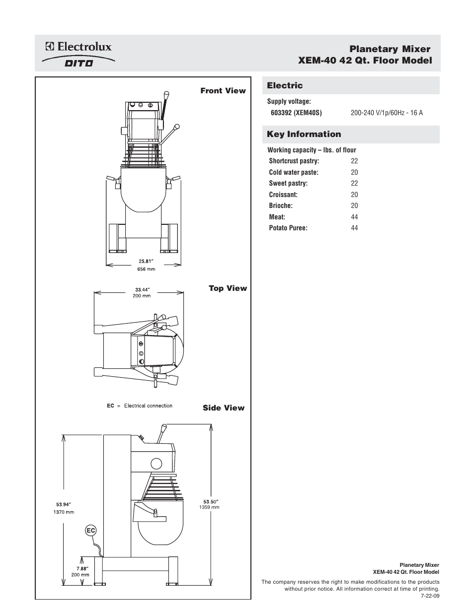 Planetary mixer xem-40 42 qt. floor model | Electrolux XEM40S User Manual | Page 2 / 2