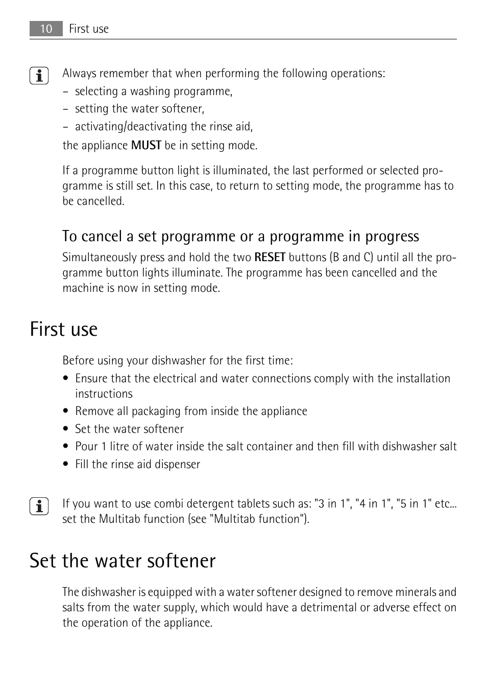 First use, Set the water softener | Electrolux 50877 User Manual | Page 10 / 40