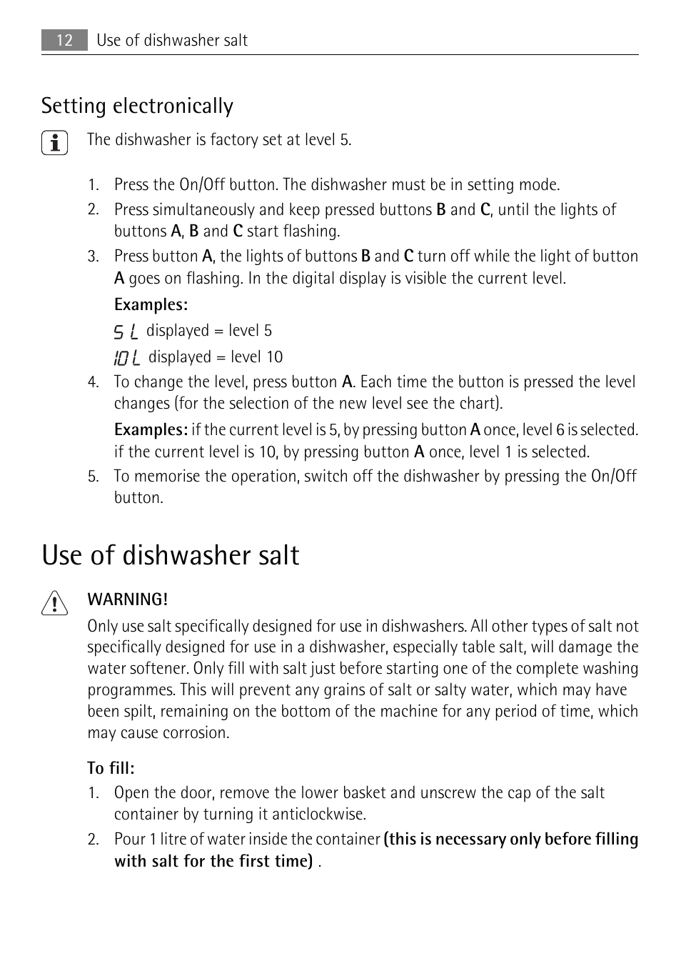 Use of dishwasher salt, Setting electronically | Electrolux 50877 User Manual | Page 12 / 40