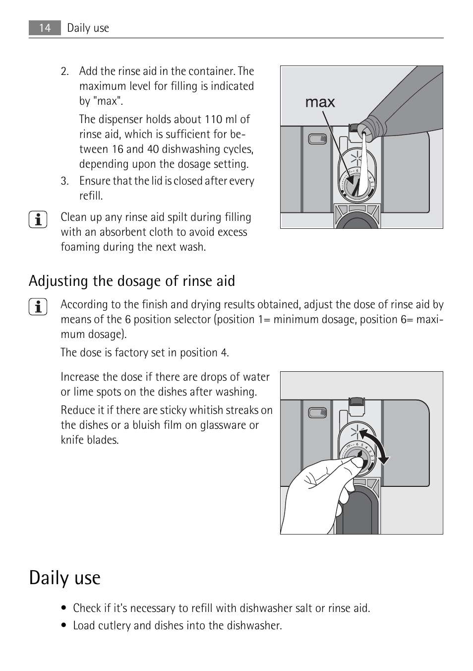 Daily use, Adjusting the dosage of rinse aid | Electrolux 50877 User Manual | Page 14 / 40