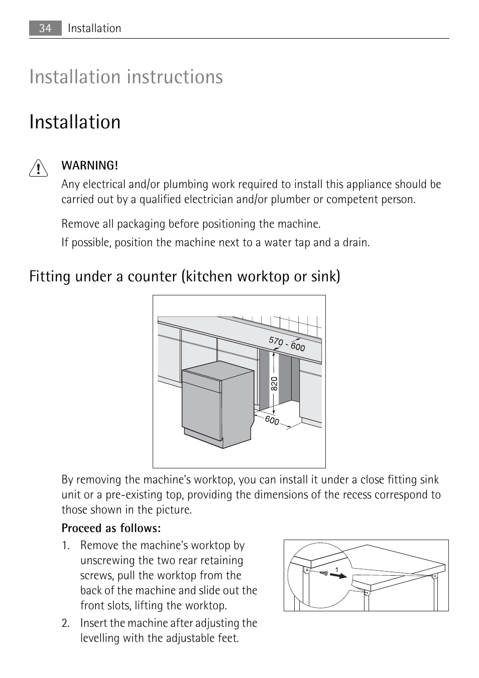 Installation instructions installation, Fitting under a counter (kitchen worktop or sink) | Electrolux 50877 User Manual | Page 34 / 40