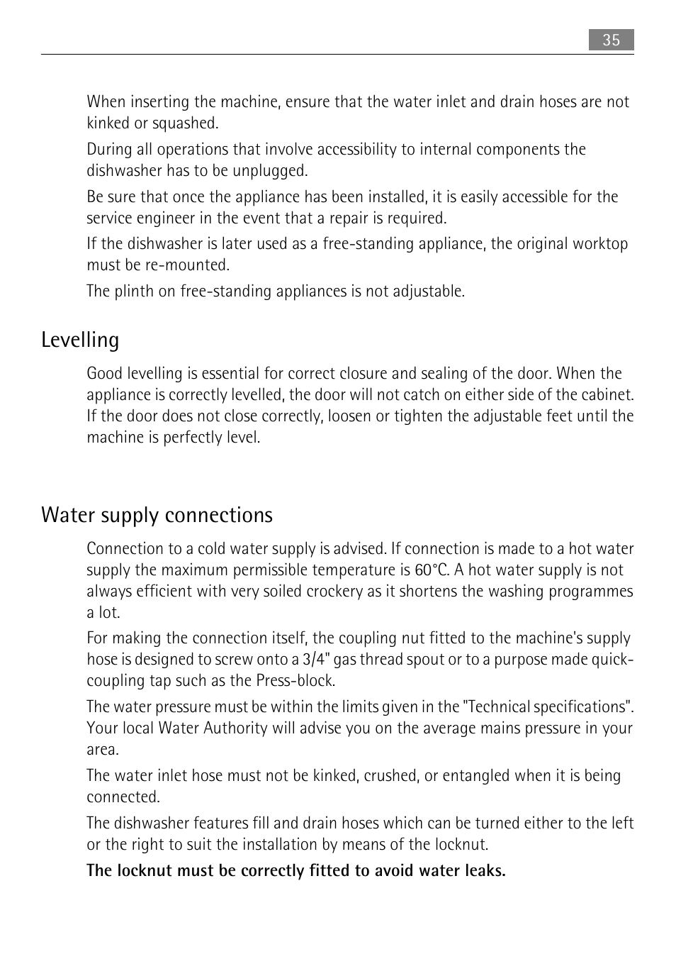 Levelling, Water supply connections | Electrolux 50877 User Manual | Page 35 / 40